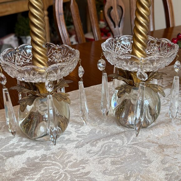 2 Vintage Crystal Bobeche Candle Drip Rings with Dangling Crystals - Picture 3 of 16